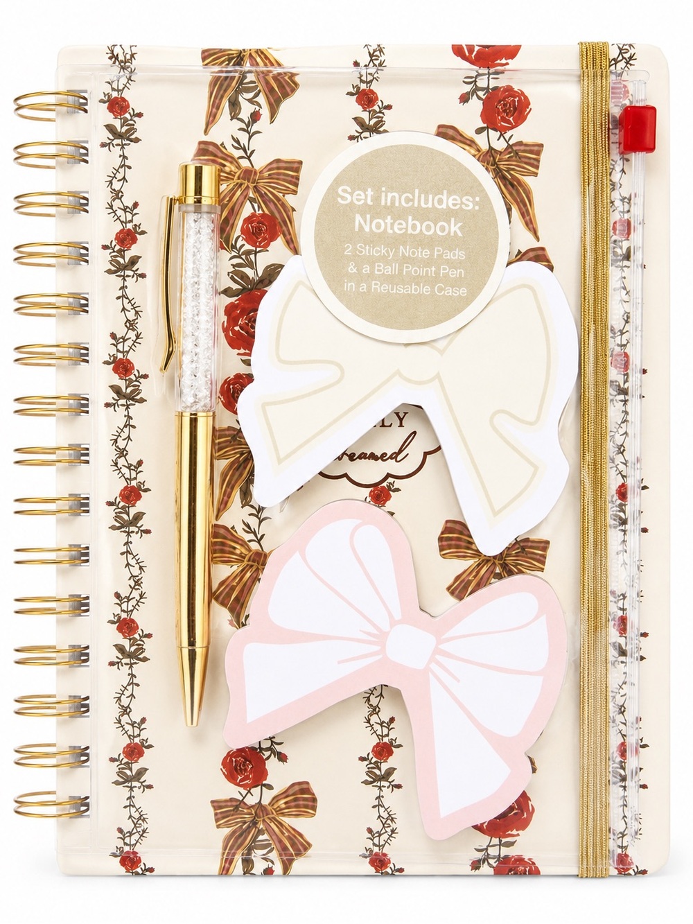Floral Bow Notebook Set with Gold Pen and Bow Sticky Notes